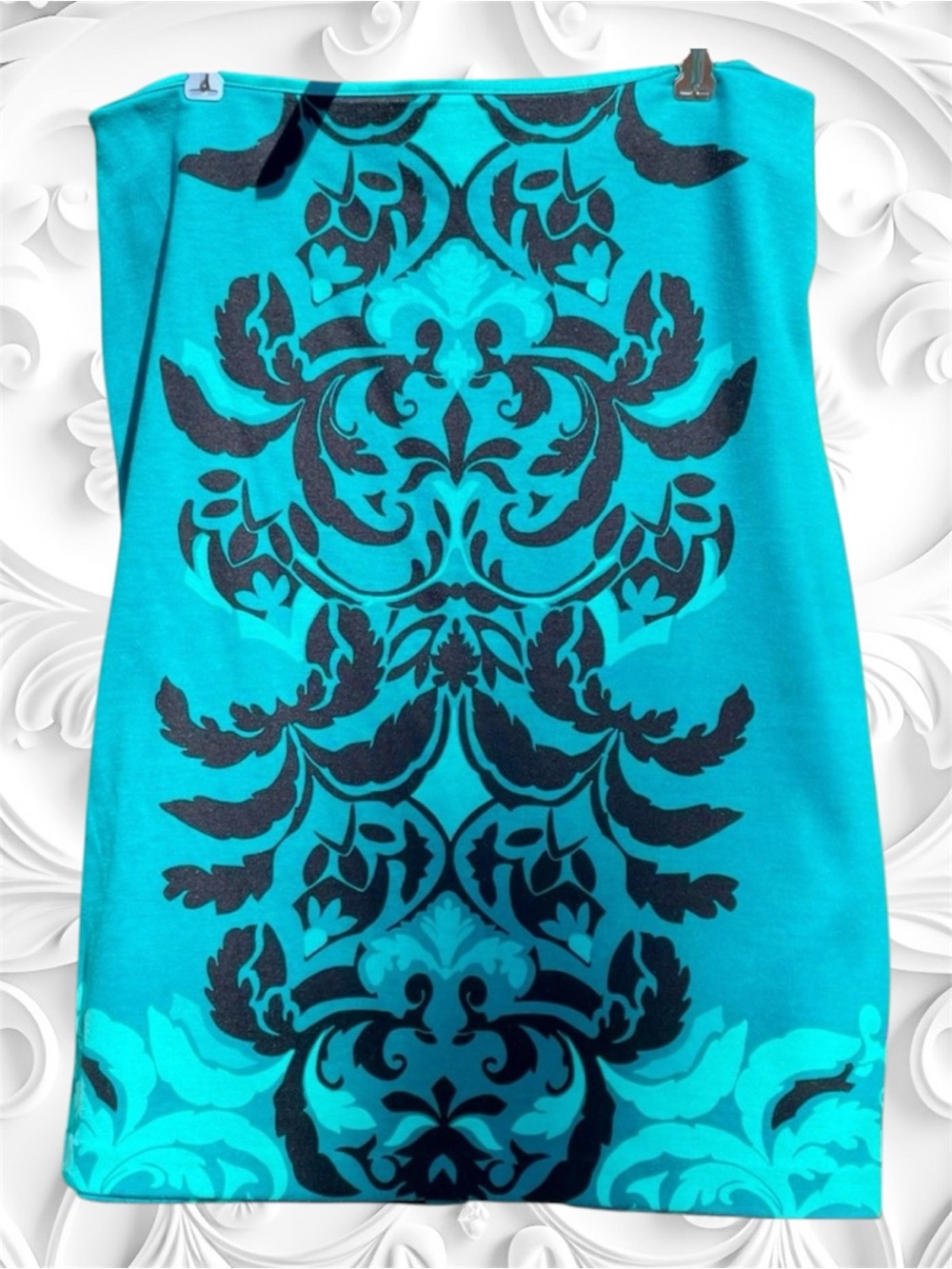 New York & Co Teal Stretch Pencil Skirt w/Black Floral Damask Design & Slit back